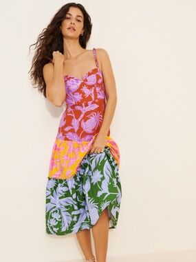 Farm Rio Tropical Swing Mix Midi Dress Beaded Straps Size Small Retail $260